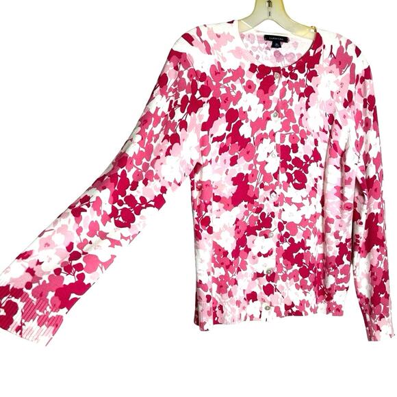 Lands End Women’s Long Sleeve Floral Print Cardigan Pink/White Size Medium - Picture 4 of 7